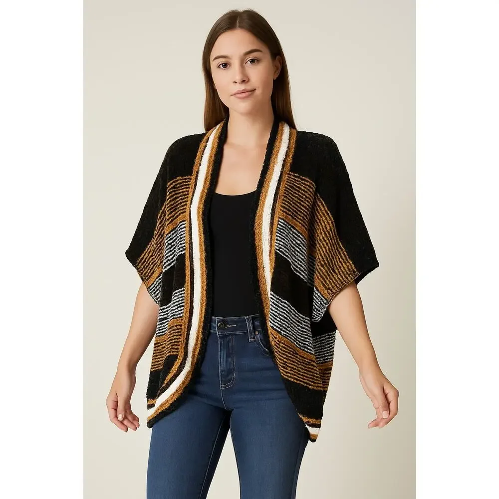 BKE Chenille Open Front Striped Cardigan Sweater XS/S Black Brown Tan‎ Boho Cozy